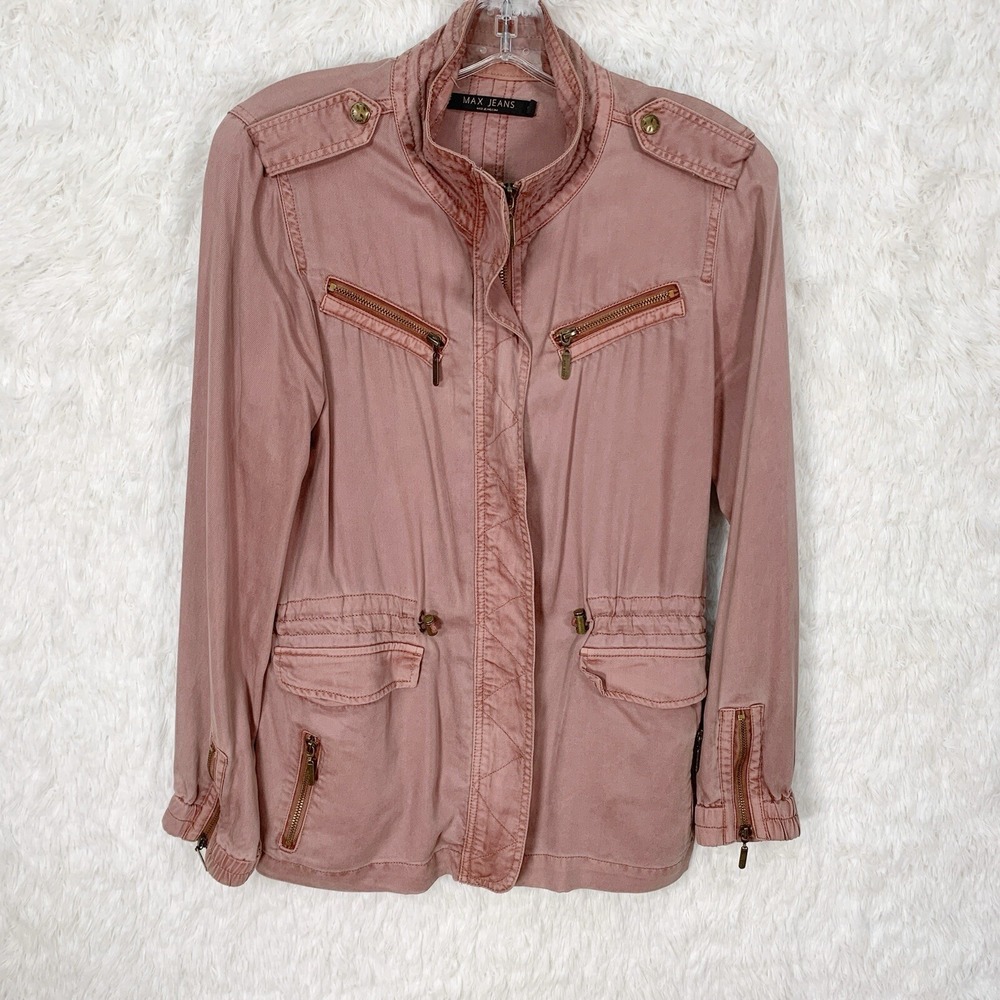 MAX Jeans Womens Utility Field Jacket Medium Pink Coral Zip‎ Drawstring Waist